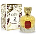 Maison Alhambra La Rouge Baroque 100ml — A perfume bottle with yellow liquid and a red label, next to its decorative box with gold and red leaf patterns and a deer logo. | Maison Alhambra La Rouge Baroque 100ml — Botol minyak wangi dengan cecair kuning dan label merah, bersebelahan dengan kotak hiasannya dengan corak