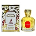 Maison Alhambra La Rouge Baroque 100ml — A perfume bottle with yellow liquid and a red label, next to its decorative box with gold and red leaf patterns and a deer logo. | Maison Alhambra La Rouge Baroque 100ml — Botol minyak wangi dengan cecair kuning dan label merah, bersebelahan dengan kotak hiasannya dengan corak