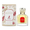 Maison Alhambra La Rouge Baroque 100ml — A perfume bottle with yellow liquid and a red label, next to its decorative box with gold and red leaf patterns and a deer logo. | Maison Alhambra La Rouge Baroque 100ml — Botol minyak wangi dengan cecair kuning dan label merah, bersebelahan dengan kotak hiasannya dengan corak