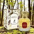 Maison Alhambra La Rouge Baroque 100ml — A perfume bottle with yellow liquid and a red label, next to its decorative box with gold and red leaf patterns and a deer logo. | Maison Alhambra La Rouge Baroque 100ml — Botol minyak wangi dengan cecair kuning dan label merah, bersebelahan dengan kotak hiasannya dengan corak