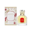 Maison Alhambra La Rouge Baroque 100ml — A perfume bottle with yellow liquid and a red label, next to its decorative box with gold and red leaf patterns and a deer logo. | Maison Alhambra La Rouge Baroque 100ml — Botol minyak wangi dengan cecair kuning dan label merah, bersebelahan dengan kotak hiasannya dengan corak