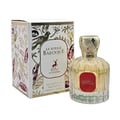 Maison Alhambra La Rouge Baroque 100ml — A perfume bottle with yellow liquid and a red label, next to its decorative box with gold and red leaf patterns and a deer logo. | Maison Alhambra La Rouge Baroque 100ml — Botol minyak wangi dengan cecair kuning dan label merah, bersebelahan dengan kotak hiasannya dengan corak
