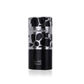 Lattafa Qimmah Eau De Parfum for Men 100ml — A black perfume box with a clear plastic overlay featuring a black and silver giraffe-like pattern sits next to a matching black perfume bottle with a silver, patterned cage-like cap. | Lattafa Qimmah Eau De Parfum for Men 100ml — Kotak minyak wangi hitam dengan lapisan