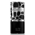 Lattafa Qimmah Eau De Parfum for Men 100ml — A black perfume box with a clear plastic overlay featuring a black and silver giraffe-like pattern sits next to a matching black perfume bottle with a silver, patterned cage-like cap. | Lattafa Qimmah Eau De Parfum for Men 100ml — Kotak minyak wangi hitam dengan lapisan
