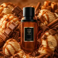 Bujairami Legacy by Bujairami 100ml Extrait — An amber-colored glass perfume bottle with a black cap and a black label featuring gold text and a gold crest. | Bujairami Legacy by Bujairami 100ml Extrait — Botol kaca berwarna ambar dengan penutup hitam dan label hitam yang menampilkan teks emas dan lambang emas.