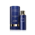 Maison Asrar Legacy by Maison Asrar 100ml EDP Unisex — Blue cylindrical box and matching perfume bottle with gold accents and intricate geometric pattern