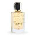 Maison Alhambra Leonie for Women by Maison Alhambra 100ml — A perfume bottle and its box are displayed side-by-side against a white background. The box is black and white with gold lettering and a deer logo. The bottle is clear glass with gold lettering and a deer logo. | Maison Alhambra Leonie for Women by Maison