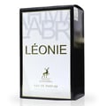 Maison Alhambra Leonie for Women by Maison Alhambra 100ml — A perfume bottle and its box are displayed side-by-side against a white background. The box is black and white with gold lettering and a deer logo. The bottle is clear glass with gold lettering and a deer logo. | Maison Alhambra Leonie for Women by Maison