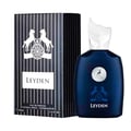 Maison Alhambra Leyden Eau De Parfum — A dark blue perfume bottle and its matching striped box are displayed side-by-side against a white background. The box features two white horses and a circular emblem. | Maison Alhambra Leyden Eau De Parfum — Botol minyak wangi biru gelap dan kotaknya yang berjalur dipamerkan