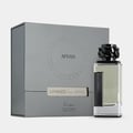 Afnan Lynked Freedom by Afnan — Gray gift box with embossed circle and text, next to a clear glass perfume bottle with black