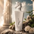 Lattafa Maahir Honor 100ml by Lattafa — White perfume box with a sculpted white horse head in an arched niche, Arabic calligraphy design, and brand text. | Kotak minyak wangi putih dengan kepala kuda putih berukir dalam niche melengkung, reka bentuk kaligrafi Arab, dan teks jenama.