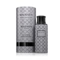 Maison Asrar Majesty by Maison Asrar 100ml EDP Unisex — A grey bottle with a repeating black quatrefoil pattern and a black textured cap, featuring a black label with 'MAJESTY' and 'ROYAL COLLECTION' text.