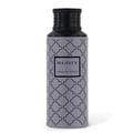 Maison Asrar Majesty by Maison Asrar 100ml EDP Unisex — A grey bottle with a repeating black quatrefoil pattern and a black textured cap, featuring a black label with 'MAJESTY' and 'ROYAL COLLECTION' text.
