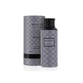 Maison Asrar Majesty by Maison Asrar 100ml EDP Unisex — A grey bottle with a repeating black quatrefoil pattern and a black textured cap, featuring a black label with 'MAJESTY' and 'ROYAL COLLECTION' text.