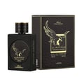 Lattafa Malik Al Tayoor Concentrated 100ml — Black perfume bottle and its black textured box with a golden eagle emblem and Arabic text, set against a white background. | Lattafa Malik Al Tayoor Concentrated 100ml — Botol minyak wangi hitam dan kotaknya yang bertekstur hitam dengan lambang helang emas dan teks Arab