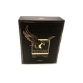 Lattafa Malik Al Tayoor Concentrated 100ml — Black perfume bottle and its black textured box with a golden eagle emblem and Arabic text, set against a white background. | Lattafa Malik Al Tayoor Concentrated 100ml — Botol minyak wangi hitam dan kotaknya yang bertekstur hitam dengan lambang helang emas dan teks Arab