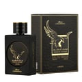 Lattafa Malik Al Tayoor Concentrated 100ml — Black perfume bottle and its black textured box with a golden eagle emblem and Arabic text, set against a white background. | Lattafa Malik Al Tayoor Concentrated 100ml — Botol minyak wangi hitam dan kotaknya yang bertekstur hitam dengan lambang helang emas dan teks Arab