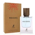 Maison Alhambra Megara 50ml Maison Alhambra — Brown cardboard box with red tree root design and text "MEGARA" next to a clear glass perfume bottle with blue liquid and a wooden cap, featuring the "Maison Alhambra" logo on both. | Maison Alhambra Megara 50ml Maison Alhambra — Kotak kadbod perang dengan reka bentuk akar