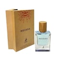 Maison Alhambra Megara 50ml Maison Alhambra — Brown cardboard box with red tree root design and text "MEGARA" next to a clear glass perfume bottle with blue liquid and a wooden cap, featuring the "Maison Alhambra" logo on both. | Maison Alhambra Megara 50ml Maison Alhambra — Kotak kadbod perang dengan reka bentuk akar