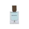 Maison Alhambra Megara 50ml Maison Alhambra — Brown cardboard box with red tree root design and text "MEGARA" next to a clear glass perfume bottle with blue liquid and a wooden cap, featuring the "Maison Alhambra" logo on both. | Maison Alhambra Megara 50ml Maison Alhambra — Kotak kadbod perang dengan reka bentuk akar
