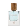 Maison Alhambra Megara 50ml Maison Alhambra — Brown cardboard box with red tree root design and text "MEGARA" next to a clear glass perfume bottle with blue liquid and a wooden cap, featuring the "Maison Alhambra" logo on both. | Maison Alhambra Megara 50ml Maison Alhambra — Kotak kadbod perang dengan reka bentuk akar