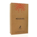 Maison Alhambra Megara 50ml Maison Alhambra — Brown cardboard box with red tree root design and text "MEGARA" next to a clear glass perfume bottle with blue liquid and a wooden cap, featuring the "Maison Alhambra" logo on both. | Maison Alhambra Megara 50ml Maison Alhambra — Kotak kadbod perang dengan reka bentuk akar