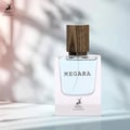 Maison Alhambra Megara 50ml Maison Alhambra — Brown cardboard box with red tree root design and text "MEGARA" next to a clear glass perfume bottle with blue liquid and a wooden cap, featuring the "Maison Alhambra" logo on both. | Maison Alhambra Megara 50ml Maison Alhambra — Kotak kadbod perang dengan reka bentuk akar
