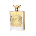 Ard Al Zaafaran Mithqal 100ml — A clear glass perfume bottle with gold liquid and a circular gold emblem, next to its white and gold patterned box with a matching emblem. | Ard Al Zaafaran Mithqal 100ml — Botol minyak wangi kaca jernih dengan cecair emas dan lambang emas bulat, bersebelahan dengan kotak corak putih