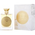 Ard Al Zaafaran Mithqal 100ml — A clear glass perfume bottle with gold liquid and a circular gold emblem, next to its white and gold patterned box with a matching emblem. | Ard Al Zaafaran Mithqal 100ml — Botol minyak wangi kaca jernih dengan cecair emas dan lambang emas bulat, bersebelahan dengan kotak corak putih