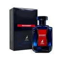 Maison Alhambra Moondrift Blue Intense 100ml Alhambra — A blue glass perfume bottle with a red label and a matching blue box with a red label, both featuring a deer logo and text. | Maison Alhambra Moondrift Blue Intense 100ml Alhambra — Botol kaca biru dengan label merah dan kotak biru sepadan dengan label merah