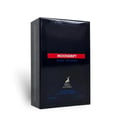 Maison Alhambra Moondrift Blue Intense 100ml Alhambra — A blue glass perfume bottle with a red label and a matching blue box with a red label, both featuring a deer logo and text. | Maison Alhambra Moondrift Blue Intense 100ml Alhambra — Botol kaca biru dengan label merah dan kotak biru sepadan dengan label merah