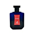 Maison Alhambra Moondrift Blue Intense 100ml Alhambra — A blue glass perfume bottle with a red label and a matching blue box with a red label, both featuring a deer logo and text. | Maison Alhambra Moondrift Blue Intense 100ml Alhambra — Botol kaca biru dengan label merah dan kotak biru sepadan dengan label merah