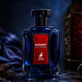 Maison Alhambra Moondrift Blue Intense 100ml Alhambra — A blue glass perfume bottle with a red label and a matching blue box with a red label, both featuring a deer logo and text. | Maison Alhambra Moondrift Blue Intense 100ml Alhambra — Botol kaca biru dengan label merah dan kotak biru sepadan dengan label merah