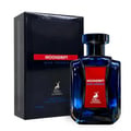 Maison Alhambra Moondrift Blue Intense 100ml Alhambra — A blue glass perfume bottle with a red label and a matching blue box with a red label, both featuring a deer logo and text. | Maison Alhambra Moondrift Blue Intense 100ml Alhambra — Botol kaca biru dengan label merah dan kotak biru sepadan dengan label merah
