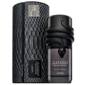 Lattafa Musamam Black Intense — A black snake coiled around the cap of a dark glass perfume bottle, resting on a textured black stand with a snake-skin pattern. | Lattafa Musamam Black Intense — Seekor ular hitam melingkar di sekeliling penutup botol minyak wangi kaca gelap, diletakkan di atas tapak hitam bertekstur