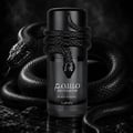 Lattafa Musamam Black Intense — A black snake coiled around the cap of a dark glass perfume bottle, resting on a textured black stand with a snake-skin pattern. | Lattafa Musamam Black Intense — Seekor ular hitam melingkar di sekeliling penutup botol minyak wangi kaca gelap, diletakkan di atas tapak hitam bertekstur