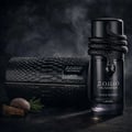Lattafa Musamam Black Intense — A black snake coiled around the cap of a dark glass perfume bottle, resting on a textured black stand with a snake-skin pattern. | Lattafa Musamam Black Intense — Seekor ular hitam melingkar di sekeliling penutup botol minyak wangi kaca gelap, diletakkan di atas tapak hitam bertekstur