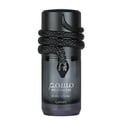 Lattafa Musamam Black Intense — A black snake coiled around the cap of a dark glass perfume bottle, resting on a textured black stand with a snake-skin pattern. | Lattafa Musamam Black Intense — Seekor ular hitam melingkar di sekeliling penutup botol minyak wangi kaca gelap, diletakkan di atas tapak hitam bertekstur