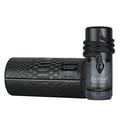 Lattafa Musamam Black Intense — A black snake coiled around the cap of a dark glass perfume bottle, resting on a textured black stand with a snake-skin pattern. | Lattafa Musamam Black Intense — Seekor ular hitam melingkar di sekeliling penutup botol minyak wangi kaca gelap, diletakkan di atas tapak hitam bertekstur