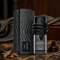 Lattafa Musamam Black Intense — A black snake coiled around the cap of a dark glass perfume bottle, resting on a textured black stand with a snake-skin pattern. | Lattafa Musamam Black Intense — Seekor ular hitam melingkar di sekeliling penutup botol minyak wangi kaca gelap, diletakkan di atas tapak hitam bertekstur
