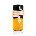 Lattafa Musamam Eau De Parfum 100ml by Lattafa — A gold snake wraps around a clear glass perfume bottle filled with amber liquid, next to a textured brown cylindrical box. | Lattafa Musamam Eau De Parfum 100ml by Lattafa — Ular emas melilit botol minyak wangi kaca jernih berisi cecair ambar, bersebelahan kotak