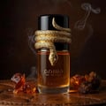 Lattafa Musamam Eau De Parfum 100ml by Lattafa — A gold snake wraps around a clear glass perfume bottle filled with amber liquid, next to a textured brown cylindrical box. | Lattafa Musamam Eau De Parfum 100ml by Lattafa — Ular emas melilit botol minyak wangi kaca jernih berisi cecair ambar, bersebelahan kotak