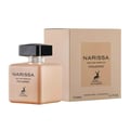 Maison Alhambra Narissa Poudree 100ml — A square, peachy-pink perfume bottle with a black cap sits next to its matching box, both featuring a deer silhouette logo and text. | Maison Alhambra Narissa Poudree 100ml — Botol minyak wangi berbentuk segi empat, berwarna merah jambu pic dengan penutup hitam duduk