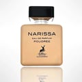 Maison Alhambra Narissa Poudree 100ml — A square, peachy-pink perfume bottle with a black cap sits next to its matching box, both featuring a deer silhouette logo and text. | Maison Alhambra Narissa Poudree 100ml — Botol minyak wangi berbentuk segi empat, berwarna merah jambu pic dengan penutup hitam duduk