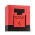Maison Alhambra Narissa Ruby Rouge Maison Alhambra 100ml — A red perfume bottle and its matching red box are displayed against a white background. | Maison Alhambra Narissa Ruby Rouge Maison Alhambra 100ml — Sebotol minyak wangi merah dan kotak merah yang sepadan dipaparkan berlatarkan putih.