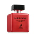Maison Alhambra Narissa Ruby Rouge Maison Alhambra 100ml — A red perfume bottle and its matching red box are displayed against a white background. | Maison Alhambra Narissa Ruby Rouge Maison Alhambra 100ml — Sebotol minyak wangi merah dan kotak merah yang sepadan dipaparkan berlatarkan putih.