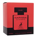 Maison Alhambra Narissa Ruby Rouge Maison Alhambra 100ml — A red perfume bottle and its matching red box are displayed against a white background. | Maison Alhambra Narissa Ruby Rouge Maison Alhambra 100ml — Sebotol minyak wangi merah dan kotak merah yang sepadan dipaparkan berlatarkan putih.