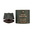 Maison Asrar Never Forget Me by Maison Asrar 90ml EDP Women — Green textured box lid open, revealing a dark bottle with gold accents and textured interior.