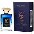 Bujairami New York Eau de Parfum — Blue gradient glass bottle with gold cap next to a navy blue box with gold lettering and