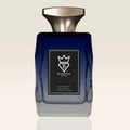 Bujairami New York Eau de Parfum — Blue gradient glass bottle with gold cap next to a navy blue box with gold lettering and